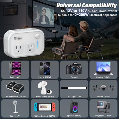 200W Car Power Inverter, FOVAL 12V DC to 110V AC Car Inverte with 4 USB Ports Car Outlet Adapter, Power Inverter for Vehicles, Car Plug Adapter Outlet for Laptop Computer Charger (White) - color: White