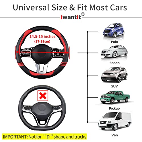 Iwantit® Premium Grip Steering Wheel Cover with Anti-Slip Rubber Ring, Made of Carbon Fiber & Breathable PU Leather, Universal Fit for 14.5-15 Inch Car and SUV (Passion Red) - color: 003-Passion Red