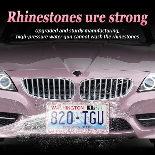 OKLPF Rhinestone Bling License Plate Frames for Women - Sparkle with Glitter Crystals & Diamond Bedazzled License Plate Cover, Fits Standard US Plates, Comes with Anti-Theft Screws & Gift Box(Pink) - color: Pink, size: 2pc
