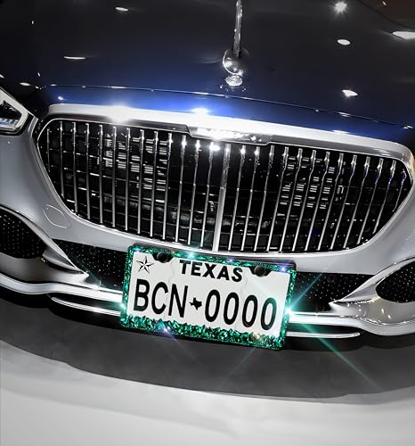 Green Rhinestone License Plate Frames Sparkly Glitter Bedazzled License Plate Frame Bling License Plate Holder Cover - High End Gift Box Packaging Bling Car Accessories for Women - color: CPJ-03-green 1pack