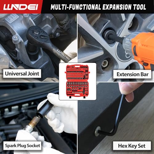 LLNDEI 1/4 & 3/8 Inch Drive Impact Socket Set, 186 Pieces Metric and Standard Full Sockets, CR-V Deep & Shallow Sockets Tool Set with Ratchet Wrench Handle, Spark Plug Socket, Bits for Mechanic - size: 186-Piece 1/4" & 3/8" Drive Socket Set