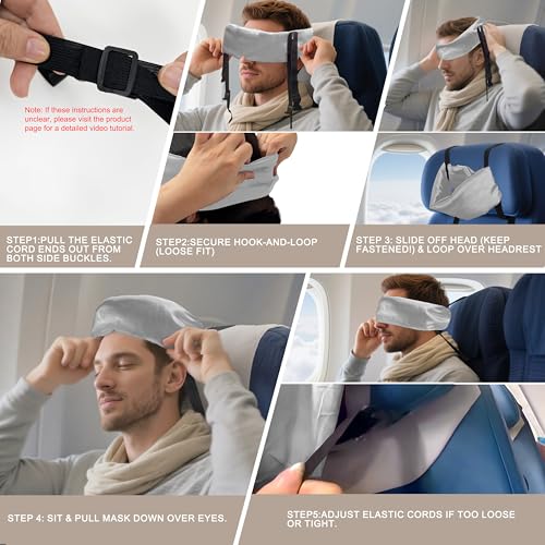 Travel Pillows for Airplanes, Airplane Head Strap with Silk Eye Mask for Sleeping, Long Flights & Car Road Trips 360°Headrest Neck Support, Stops Bobbing, Small & Compact (Gray) - color: Gray