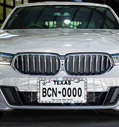 2 Pack Bling License Plate Frames for Women with High End Ribbon Gift Box,Rhinestone Sparkly Diamond License Plate Holder, Handcrafted Crystal Premium Stainless (White Gem) - color: white 2pcs