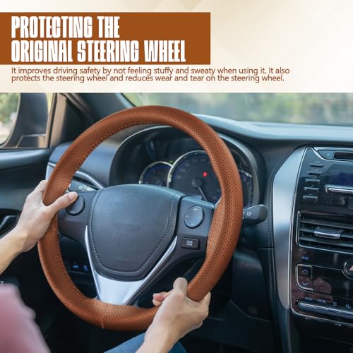 Leather Steering Wheel Cover Lace Up, Car Wheel Cover, Universal Car Steering Wheel Protector, 15 inch, Brown, Hole - color: Brown, size: 15 inch - Hole