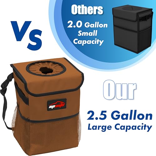 EPAuto Waterproof Car Trash Can with Lid and Storage Pockets, 2.5 Gallon Leakproof, Brown - color: Brown