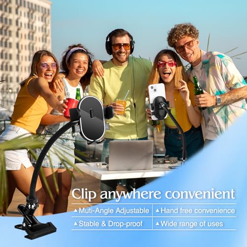 ROCKFREE Clip Phone Holder with 360° Gooseneck Arm & Auto-Locking Clamp,Short/Medium/Long Arm Options for Desk, Mic Stand, Table,Treadmill – Fits 4-7" Smartphones(Long-9.84 inch Arm) - size: Long-9.84 Inch Arm