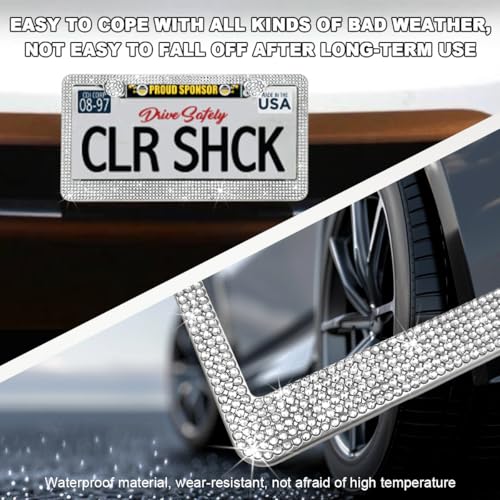 DXNQ Bling License Plate Frame, Sparkly Rhinestone Diamond License Plate Cover with Crystal Screws Caps, Glitter Crystal Stainless Steel License Plate Holder for Women, Car Accessories (White) - color: White