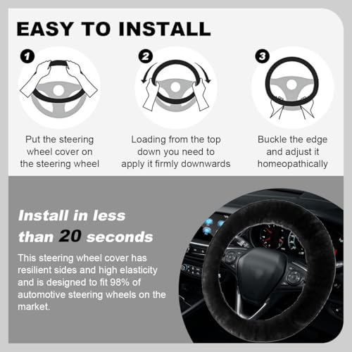 5PCS Fluffy Car Steering Wheel Cover Set, Includes Faux Fur Gear Shift Cover & Handbrake Cover & Steering Wheel Protector & 2 Seat Belt Shoulder Pads, Winter Fuzzy Warm Car Accessories (Black) - color: Black