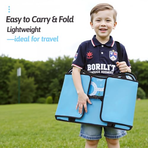 OUOZZZ Kids Travel Tray for Car - Boy's Safety Seat Table, Toddler Road Trip Essentials - Carseat/Airplane Lap Desk with Weight-Relief Strap, Non-Skid Silicone Base, Waterproof Dining/Craft Mat - color: Car