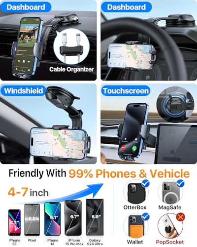 HTU Upgraded Strongest Suction Car Phone Holder Bendable Arm, Never Block View Rotatable Cellphone Mount for Dashboard Windshield Vent, Cradle Stand for iPhone 17 16 15 14 13 12 Pro Max (Rose Purple) - color: Rose Purple