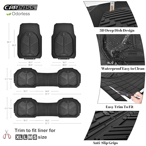 CAR PASS Heavy Duty Rubber Car Mats, Deep-Dish All Weather 3 Row Car Floor Mats for 7 Seater 8 Seats 2nd & 3rd Row, Waterproof Anti-Slip Universal Trim-to-Fit for SUV, MPV, 7 Passengers Vehicle - color: All Black Three Row