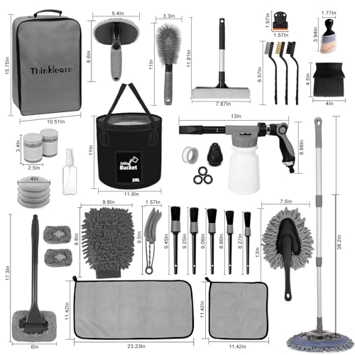 ThinkLearn Car Wash Detailing Kit with Foam Gun, Car Cleaning Kit Set,Car Wash Brush with Long Handle, Large Folding Bucket for Interior Exterior Car Wash Supplies, Car Gift Set Gray