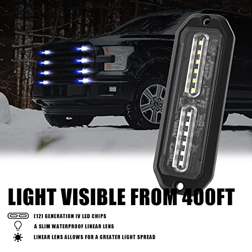 WINECO Blue/White 8pcs Ultra Slim LED Emergency Strobe Police Lights, Surface Mount Grill Grille Hazard Safty Warning Flashing Light for Volunteer Trucks Vehicles - color: Blue/White