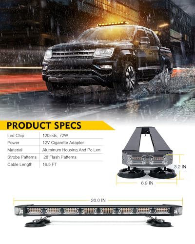 LUMENIX 26-Inch LED Rooftop Strobe Emergency Lights Bar for Vehicles, w/Controller Heavy-Duty Magnetic Mount Safety Beacon Construction Light for Trucks Roof Top Traffic Lightbar - Amber - color: Amber