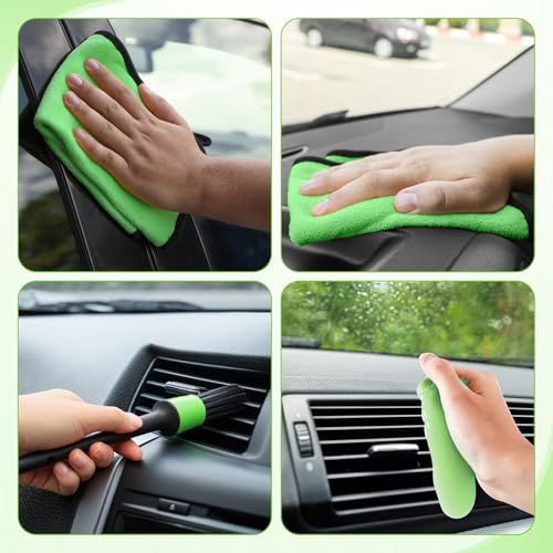 16 Pcs Windshield Cleaner Tool, Car Cleaning Kit with Various Detailing Brushes Set Spray Bottle Cleaner Towel Cleaning Gel Accessories Car Interior Detailing Kit for Windows Vents(Green) - color: Green