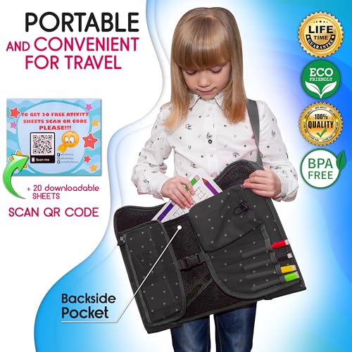 Kids Travel Tray - Waterproof Lap Table with No-Drop Large Tablet Holder - Car Seat Tray - Road Trip Essentials Kids - Car Desk Organizer for Airplane - Toddler Travel Essentials - color: PREMIUM BLACK