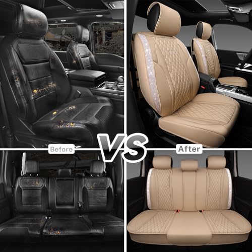 CAR PASS Beige Leather Bling Car Seat Covers Full Set, Luxury Microfiber Nappa PU Cushioned, Waterproof Anti-Slip Universal Fit for Auto SUV Sedan Sparkly Glitter Shining Rhinestone, Beige Diamond - color: Beige Diamond, size: Full Set