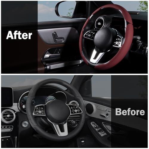Car Steering Wheel Cover Leather Snap On 3Pcs Set Non-Slip Protector Wrap Steering Wheel Accessories 14.5-15 inch Universal Wine Red - color: Wine Red