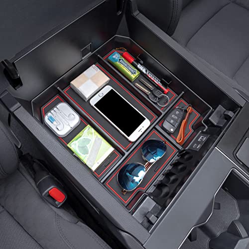 JDMCAR Center Console Organizer Compatible with 2022 2023 2024 2025 2026 Toyota Tundra Accessories and 2023-2026 toyota sequoia Armrest Secondary Storage Box ABS Material with Non-Slip Mats (Red Trim) - color: red
