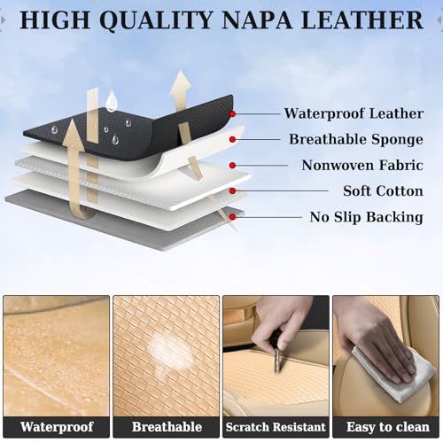 Coverado Seat Covers, Car Seat Covers Front Seats, Waterproof Nappa Leather Auto Seat Cover with Lumbar Head Pillow, Beige Seat Covers Carseat Cover Universal Fit for Most Cars - color: Beige(Pillow), size: Front