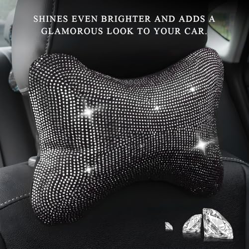 povtii Bling Car Neck Pillow, Crystal Rhinestone Auto Seat Headrest Neck Support for Driver Relax Necksupport, Bling Car Headrest Pillow for Women Girls, Car Accessories (White)