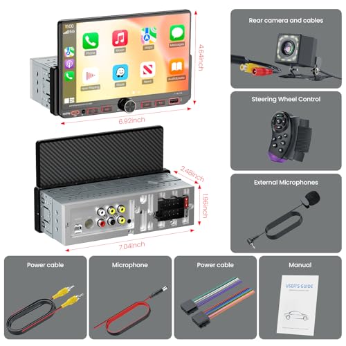 7“Single Din Radio with Apple CarPlay & Android Auto, UHD Single Din Touchscreen Car Radio, Car Stereo with 1080P Backup Camera, Mirror Link, Bluetooth 5.3, GPS, AM&FM, Fast Charging, EQ, SWC