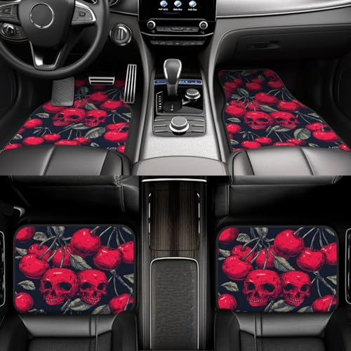 Red Cherries with Skull Faces On Black Car Floor Mats,4 Piece, Car Rug Durable Anti-Slip Waterproof Trim to Fit Liner Universal Fit Auto,Sedan,SUV,Truck