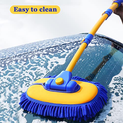 BMLEI Car Wash Brush with Long Handle, Microfiber Towels Car Wash Kit Cleaning Supplies, Car Wash Mop Mitt with 2 Replacement Head , Extension Pole Car Brush Cleaning Kit for Cars Trucks(Blue) - color: Blue Mop With Blue Washing Cloth