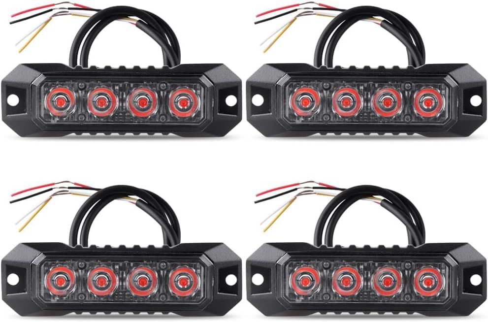4PCS 4 LED Red Strobe Light, Surface Mount Strobe Lights for Trucks Car Vehicle Warning Flashing Beacon Hazard Emergency Lights Ultra Slim Sync Feature Mini Grille for Cars Trucks SUV RV ATV - color: Red