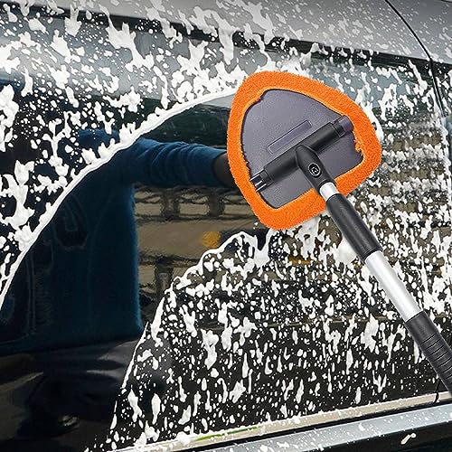 Ziciner Car Windshield Cleaner, Microfiber Auto Cleaning Wiper with Aluminum Extendable Handle and 2 Washable Reusable Cloth Pad Head, Universal Vehicle Interior Exterior Cleaner Kit (Orange-Triangle) - size: Orange-triangle