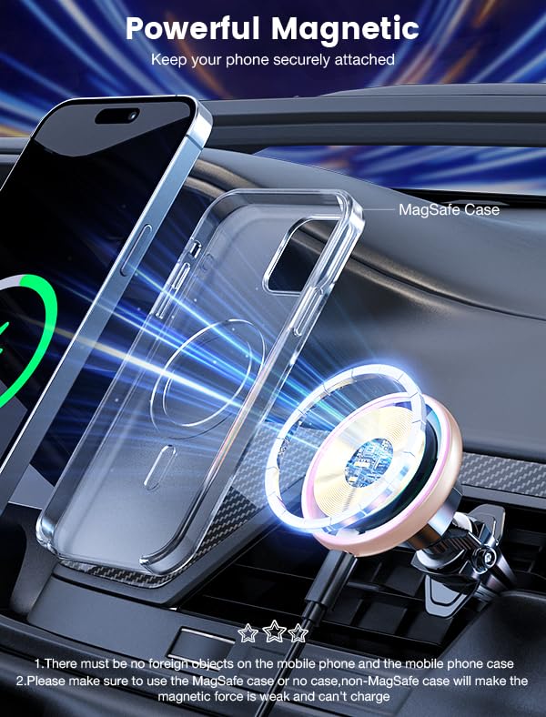 MOKPR for Magnetic Car Mount Charger-15W Wireless Car Charger-Magnetic Car Phone Holder for Dash Air Vent-LED RGB HandsFree Car Mount Fast Car Charger for iPhone 16 15/14/13/12 Pink - color: Pink