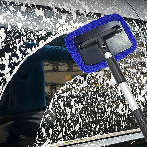 Ziciner Car Windshield Cleaner, Microfiber Auto Cleaning Wiper with Aluminum Extendable Handle and 2 Washable Reusable Cloth Pad Head, Universal Vehicle Interior Exterior Cleaner Kit (Blue-Rectangle) - size: Blue-rectangle