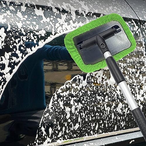 Ziciner Car Windshield Cleaner, Microfiber Auto Cleaning Wiper with Aluminum Extendable Handle and 2 Washable Reusable Cloth Pad Head, Universal Vehicle Interior Exterior Cleaner Kit (Green-Rectangle) - size: Green-rectangle