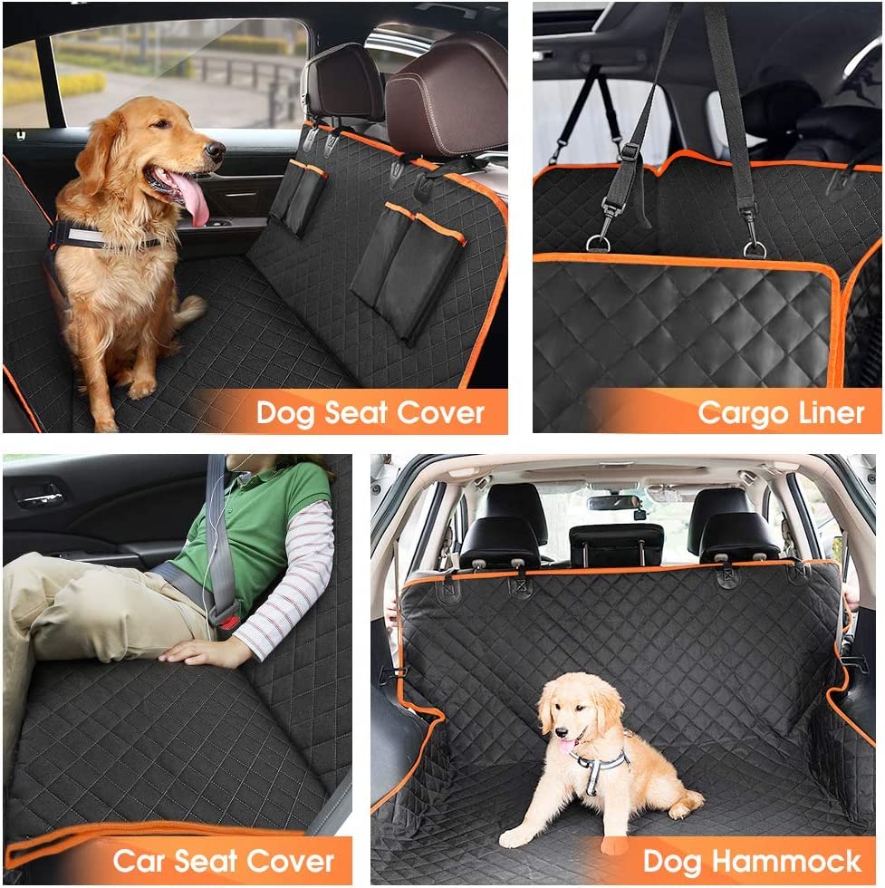 Dog Car Seat Cover for Back Seat, Waterproof Seat Protector Scratchproof Pet Hammock with 4 Bags Side Flaps, Washable Nonslip Backseat Protection for Cars Trucks and SUVs.