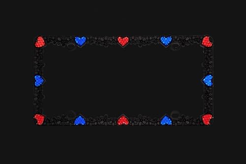 Creathome 3D Daisy Heart License Plate Frame from Pure Zinc Alloy Metal Perfect Plate Holder, Matt Black Daisy with Red and Blue Reflective Heart - color: Matt Black with Blue and Red Reflective Heart