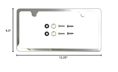T304 Stainless Steel Polish Mirror Two Hole Slim License Plate Frame Holder Tag w/Chrome Metal Cap …