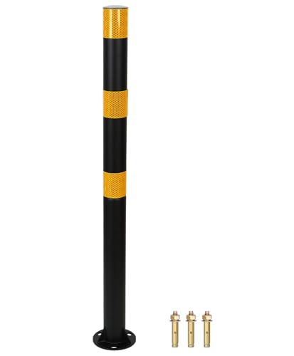 Safety Bollard (32 inch) with Reflective Bands – Heavy-Duty Steel Parking Post, 2 inch Diameter, Includes Anchor Bolts, Black/Yellow - color: Black-1 Pack