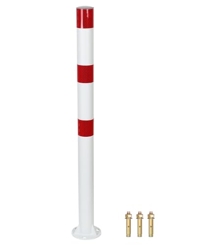 Safety Bollard (32 inch) with Reflective Bands – Heavy-Duty Steel Parking Post, 2 inch Diameter, Includes Anchor Bolts, White/Red - color: White-1 Pack
