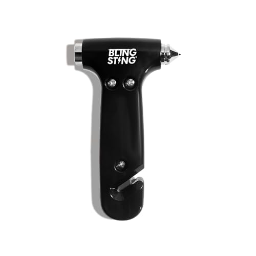 BLINGSTING Safety Hammer - Emergency Automotive Escape Tool with Window Breaker, Seat Belt Cutter & Adjustable Car Visor Strap - Tempered Glass Breaker - Steel Blade - Black (1 Count) - color: Black