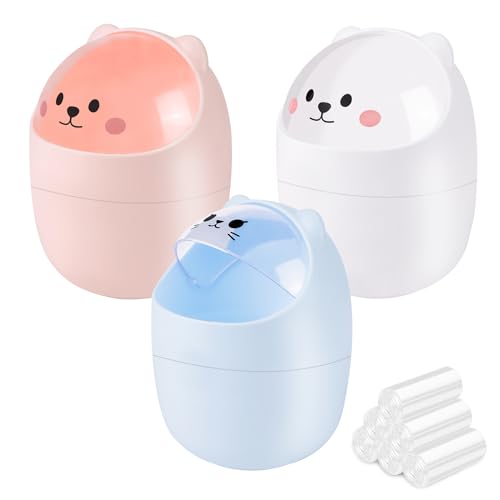3 Pack Cute Mini Trash Can, Desktop Trash Can with Lid, Small Garbage Can with 180 Trash Bags, Tiny Countertop Wastebasket for Kids, Kawaii Waste Bin for Office Bedroom Bathrooms Desk Car - color: Style 1, 3Pcs