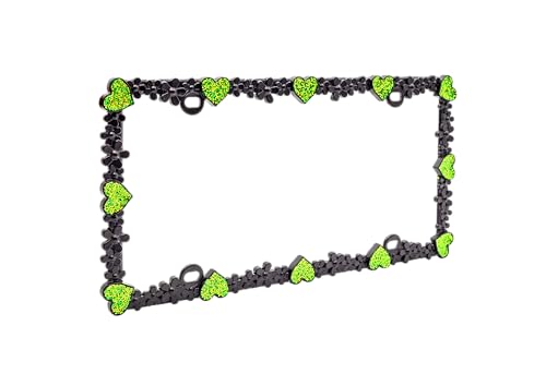 Creathome 3D Shining Daisy Heart License Plate Frame from Pure Zinc Alloy Metal Perfect Plate Holder, Matt Black with Green Glitter, Luminously Heart - color: Matt Black with Green Glitter, Luminously Heart