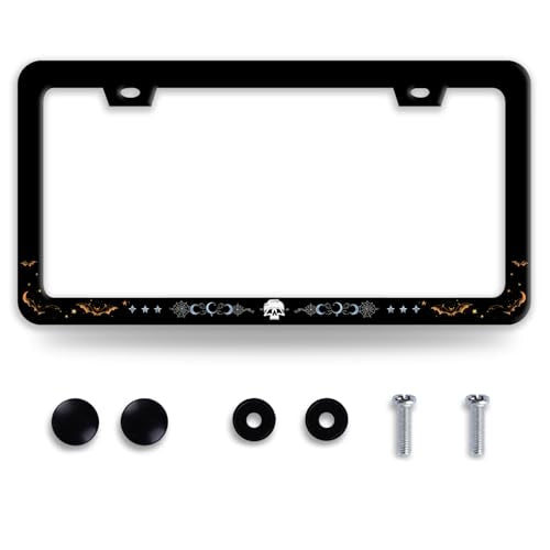 Skull Moon Bat License Plate Frame Gothic License Plate Frames Funny Stainless Steel Accessories Cars Decor with 2 Holes and Screws Fits Standard Us Ca Vehicles Holder 12.2 X 6 Inch - color: Skull Moon Bat