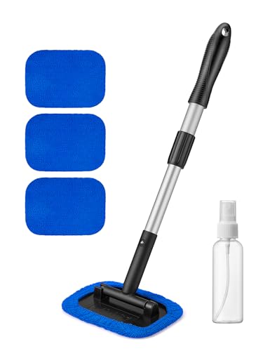 AstroAI Windshield Cleaner Tool, Microfiber Car Window Cleaner with 4 Reusable and Washable Microfiber Pads and Extendable Handle Auto Inside Glass Wiper Kit, Blue - color: Blue