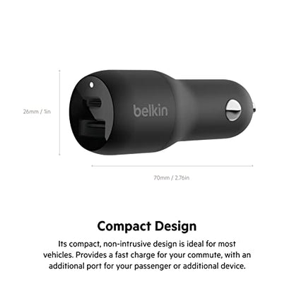 Belkin 37 Watt Dual USB Car Charger - Power Delivery 25W USB C Port & 12W USB A Port for PPS Charging Apple iPhone 14, 14 Pro, 14 Pro Max, iPhone 13, Samsung Galaxy, AirPods - Included Lightning Cable - style: Dual USB-A & C 37W + LGT Cable