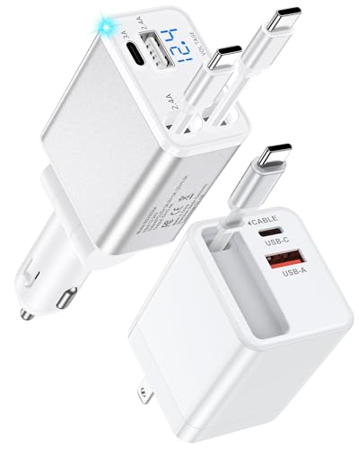 Retractable Charger Type C Cable for Google Pixel 10a 10 Pro Fold 10 XL 9a 9 8a, Fast Car Charger Adapter + Foldable Wall Plug Kit with Built in Type C Cord for iPhone 17e 17 Pro Max 17Pro 16e 16 15 - color: Wall + Car Kit-White