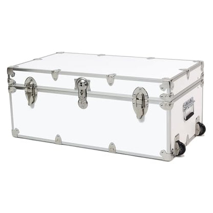 Rhino Trunk & Case Large Essential Trunk With Wheels 32”x18”x14”, 1000+ lbs Capacity - Many Colors. Strong, USA Made Summer Camp Footlocker, and Secure College Dorm Storage Chest - color: White