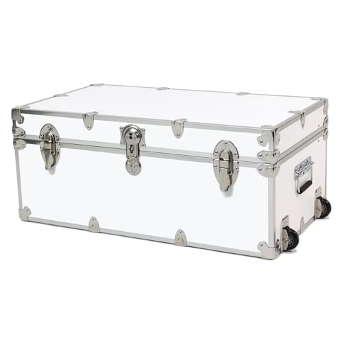 Rhino Trunk & Case Large Essential Trunk With Wheels 32”x18”x14”, 1000+ lbs Capacity - Many Colors. Strong, USA Made Summer Camp Footlocker, and Secure College Dorm Storage Chest - color: White