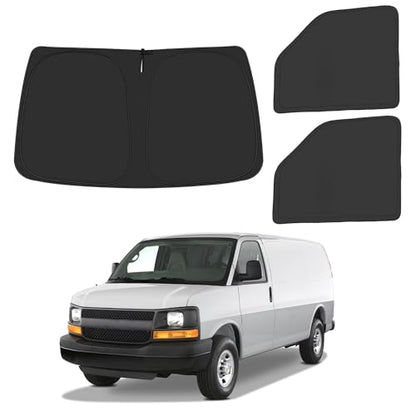 Front Windshield ＆ Side Window Sun Shade for 1996-2025 Chevy Express Accessories Cargo Van, Foldable Window Sunshade Sun Visor Protector, Window Shade Sun Shield Block UV Rays Heat, Pack of 3 - size: Silver & Black-Fit 1996-2025 Chevy Express