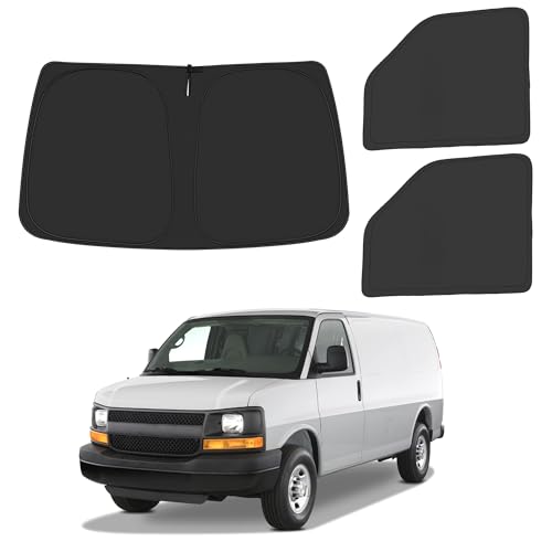 Front Windshield ＆ Side Window Sun Shade for 1996-2025 Chevy Express Accessories Cargo Van, Foldable Window Sunshade Sun Visor Protector, Window Shade Sun Shield Block UV Rays Heat, Pack of 3 - size: Silver & Black-Fit 1996-2025 Chevy Express