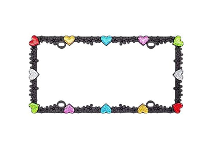 Creathome 3D Shining Daisy Heart License Plate Frame from Pure Zinc Alloy Metal Perfect Plate Holder, Matt Black with Colorful Glitter, Luminously Heart - color: Matt Black with Colorful Glitter, Luminously Heart